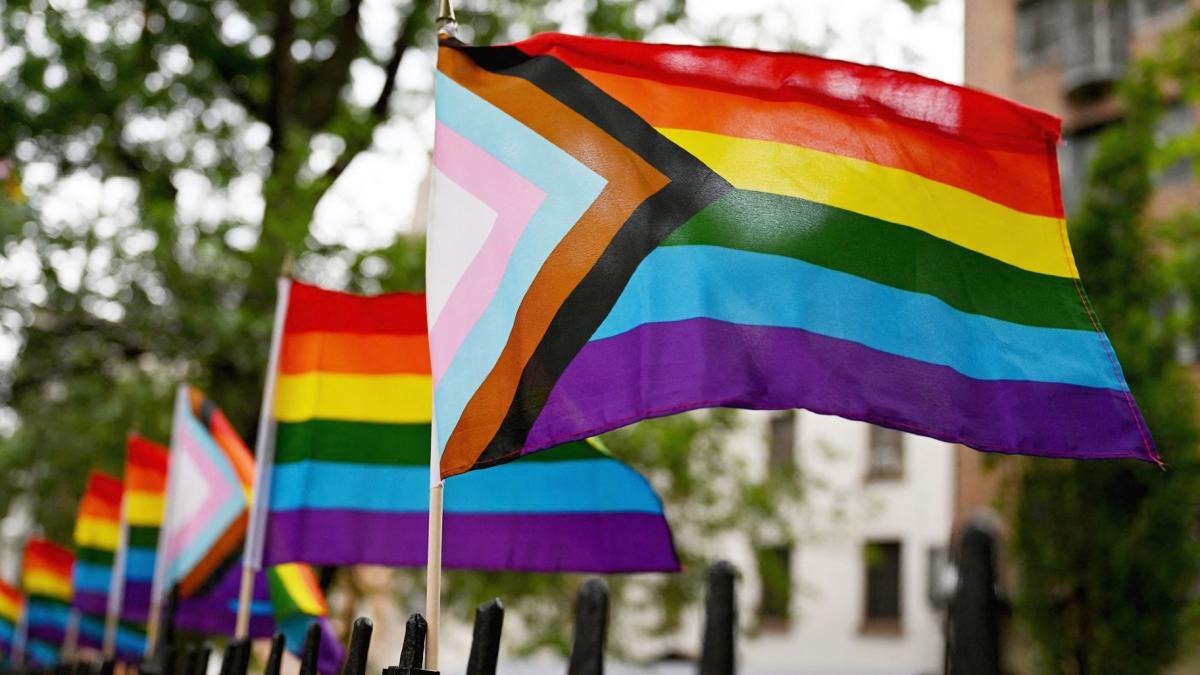 Rainbow flags, a symbol of LGBTQ+ pride and social movements, are seen outside the Stonewall Monument in New York City on June 7, 2022. (Angela Weiss / AFP / Getty Images via CNN Newsource)