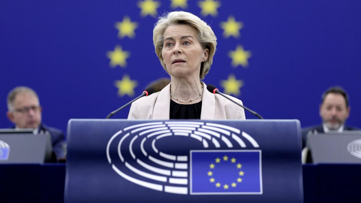 European Commission President Ursula von der Leyen speaks at the European Parliament in Strasbourg, France, on April 1, 2025. (Ronald Wittek / EPA-EFE / Shutterstock via CNN Newsource)
