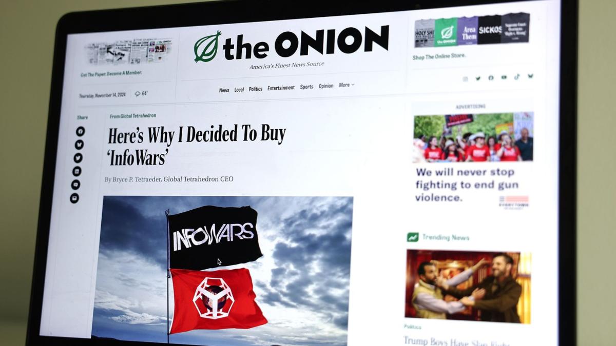 The Onion has a new deal to take over Alex Jones’ Infowars. If approved, it would end a saga that began in 2024 when the satirical news outlet won a court-mandated auction for the conspiracy theorist’s fringe outlet. (Mario Tama / Getty Images via CNN Newsource)