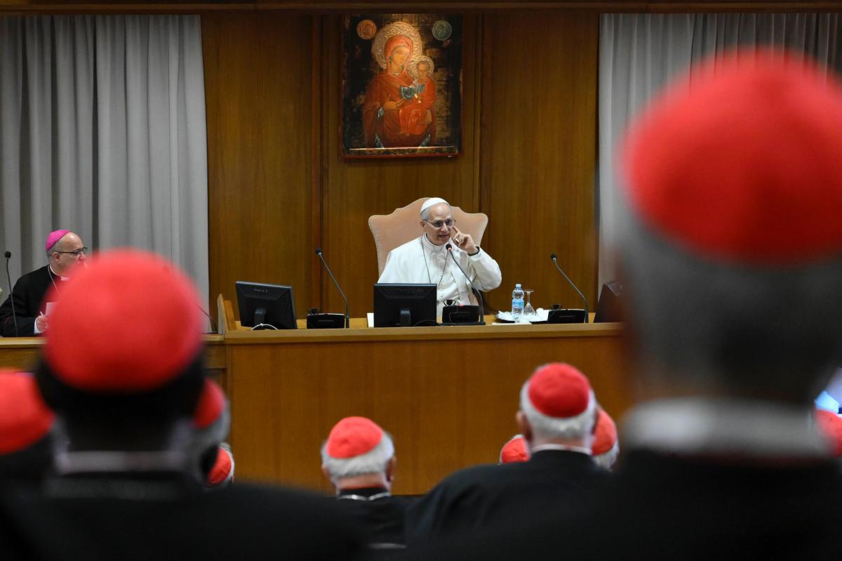 Pope Leo XIV formally meets with cardinals for the first time in the Vatican on May 10, 2025. (Vatican Media via CNN Newsource)