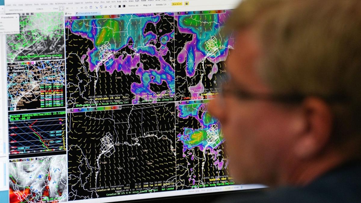 A meteorologist at the National Weather Service offices in Dickinson, Texas, in May 2022. (Brett Coomer / Houston Chronicle / Getty Images via CNN Newsource)