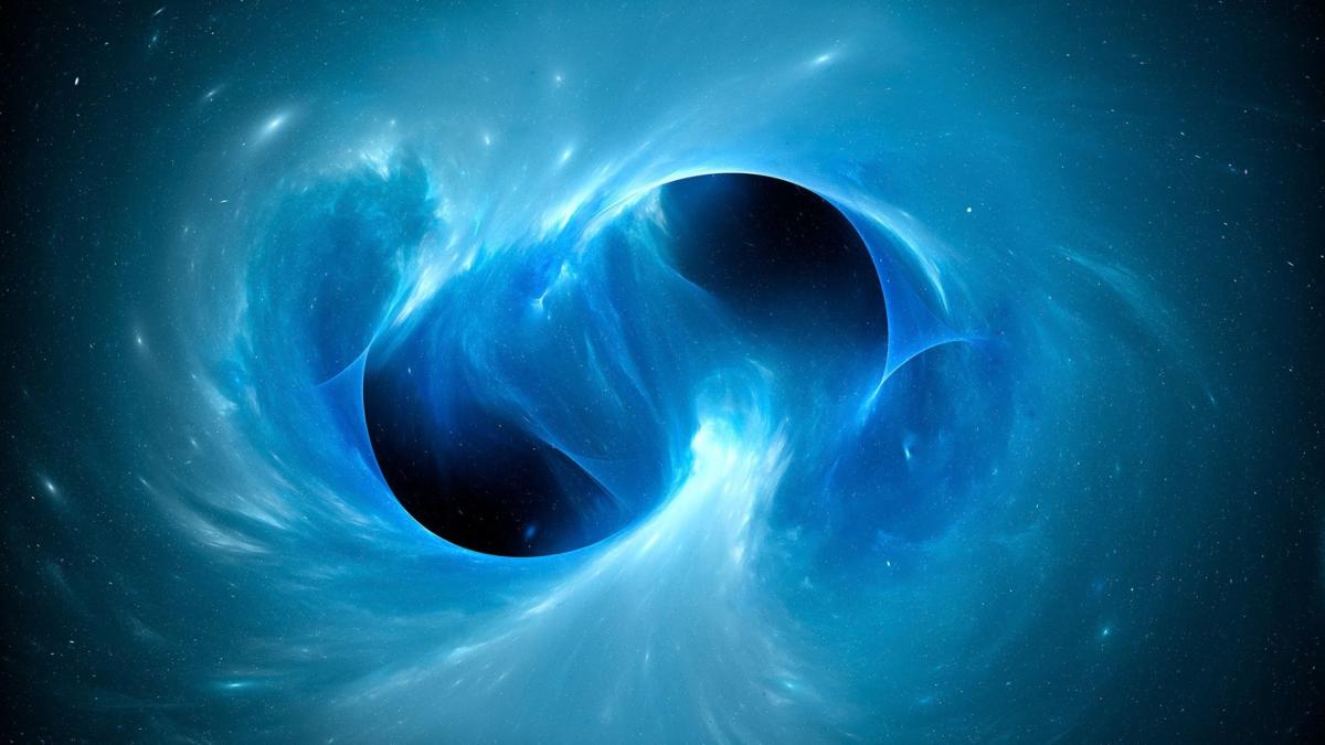An illustration of black holes merging in space. Astronomers have observed the largest ever such event using physical properties predicted by Einstein in 1915. (Sakkmesterke / Science Photo Library RF / Getty Images via CNN Newsource)