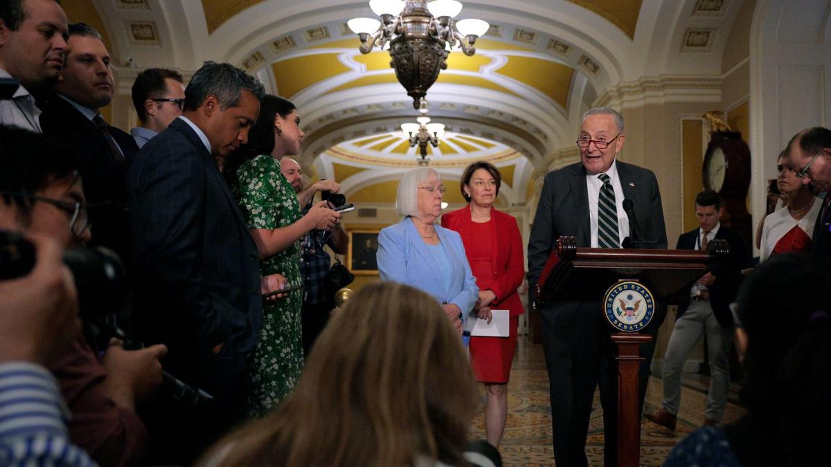 Senate Minority Leader Chuck Schumer is joined by Sen. Patty Murray and Sen. Amy Klobuchar while talking to reporters following the weekly Democratic Senate policy luncheon at the U.S. Capitol on July 29, 2025, in Washington, DC. (Chip Somodevilla / Getty Images via CNN Newsource)