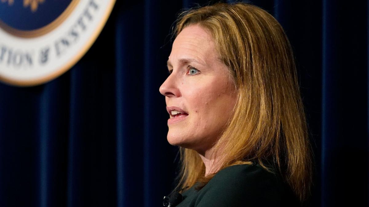 Supreme Court Associate Justice Amy Coney Barrett speaks at the Ronald Reagan Presidential Library Foundation in Simi Valley, California, on April 4, 2022. (Damian Dovarganes / AP / File via CNN Newsource)