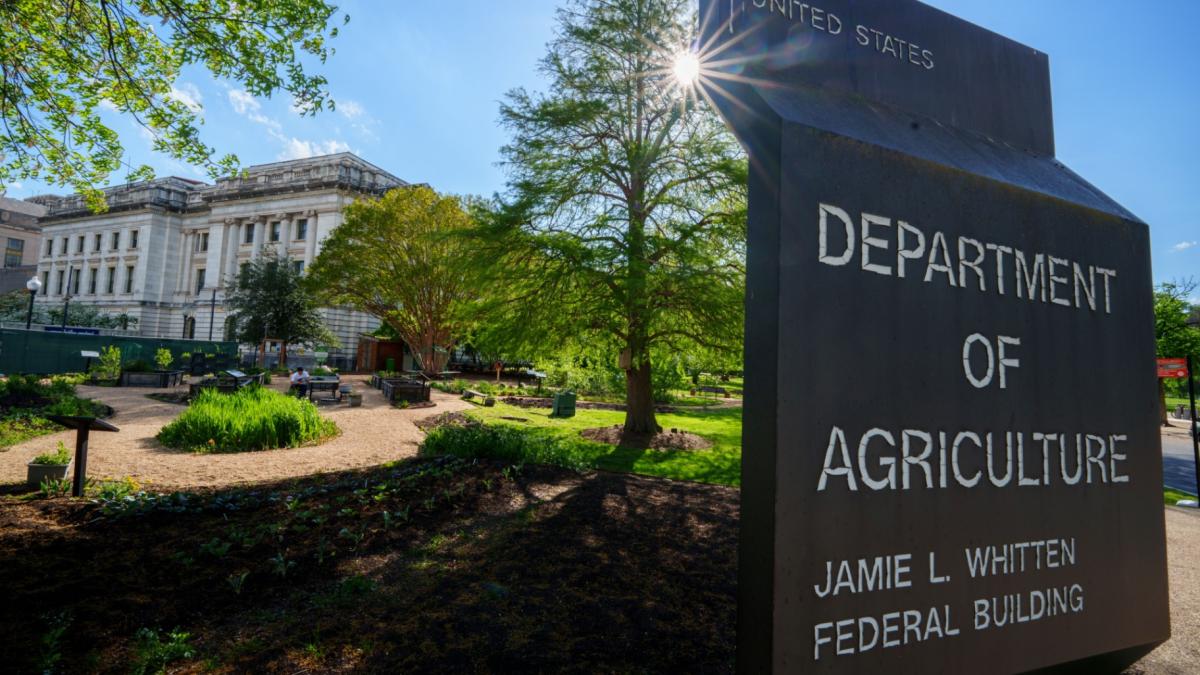 The sun flares behind the sign marking the headquarters building for the U.S. Department of Agriculture in April 2024, in Washington, DC. (J. David Ake / Getty Images via CNN Newsource)
