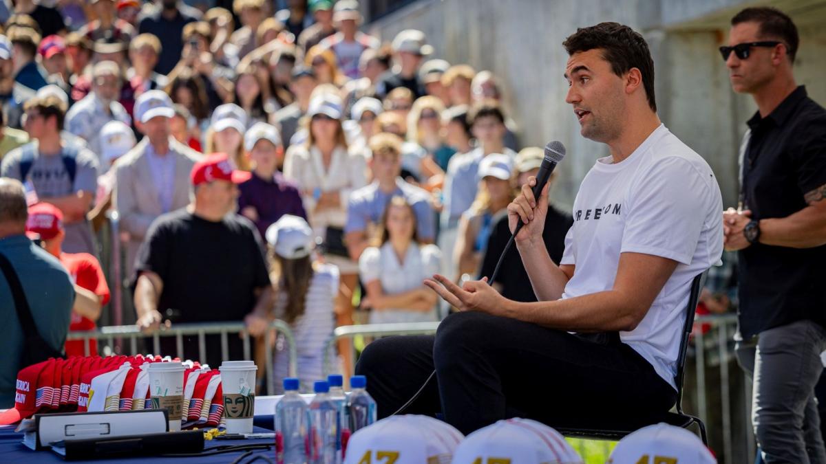 Charlie Kirk speaks during an event at Utah Valley University in Orem, Utah, before he is shot on Wednesday. (Tess Crowley / The Deseret News / AP via CNN Newsource)