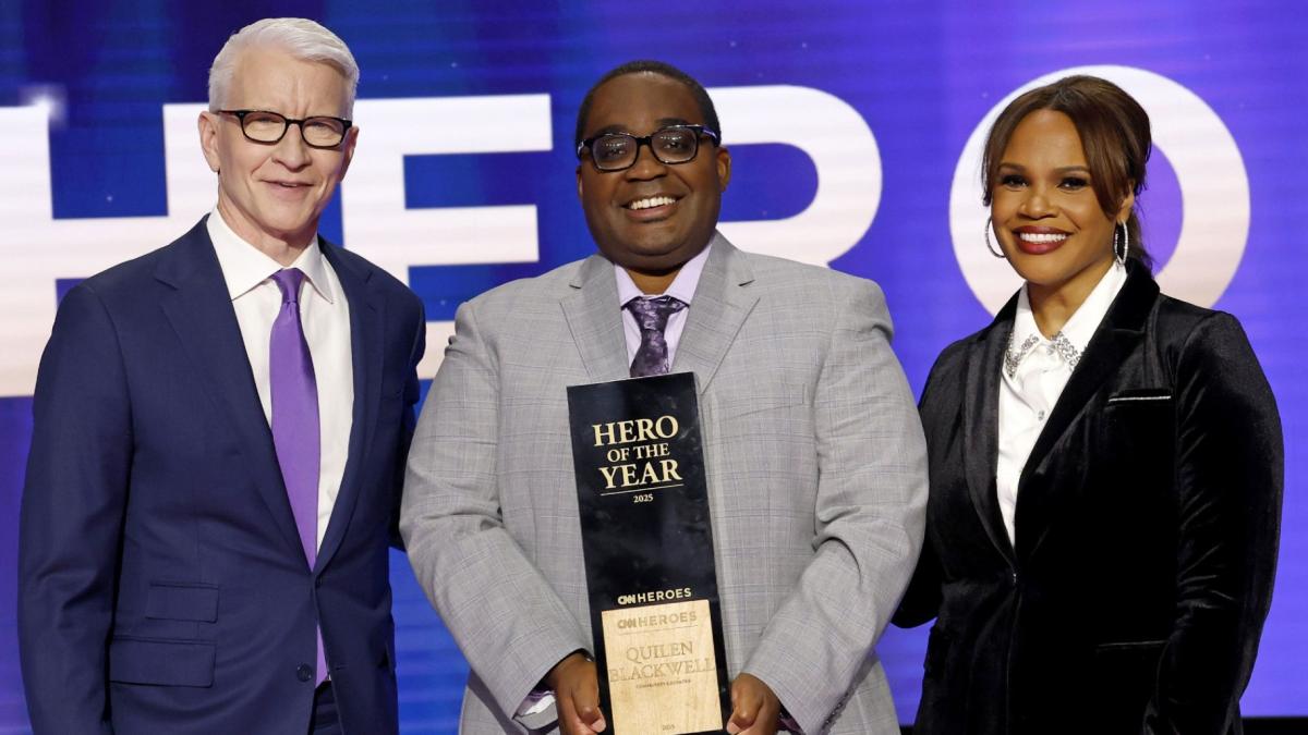 In this image released on Dec. 7, 2025, Anderson Cooper, 2025 CNN Hero of the Year Quilen Blackwell, and Laura Coates attend CNN Heroes An All-Star Tribute Hosted by Anderson Cooper and Laura Coates on Dec. 4, in New York City. (Kevin Mazur / Getty Images via CNN Newsource)
