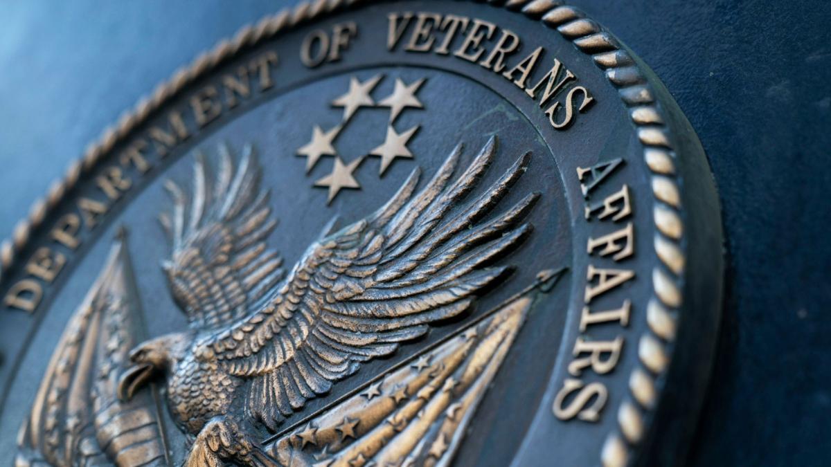 The seal of the Department of Veterans Affairs outside its headquarters in Washington, D.C., on Feb. 7, 2025. (Stefani Reynolds / Bloomberg / Getty Images via CNN Newsource)