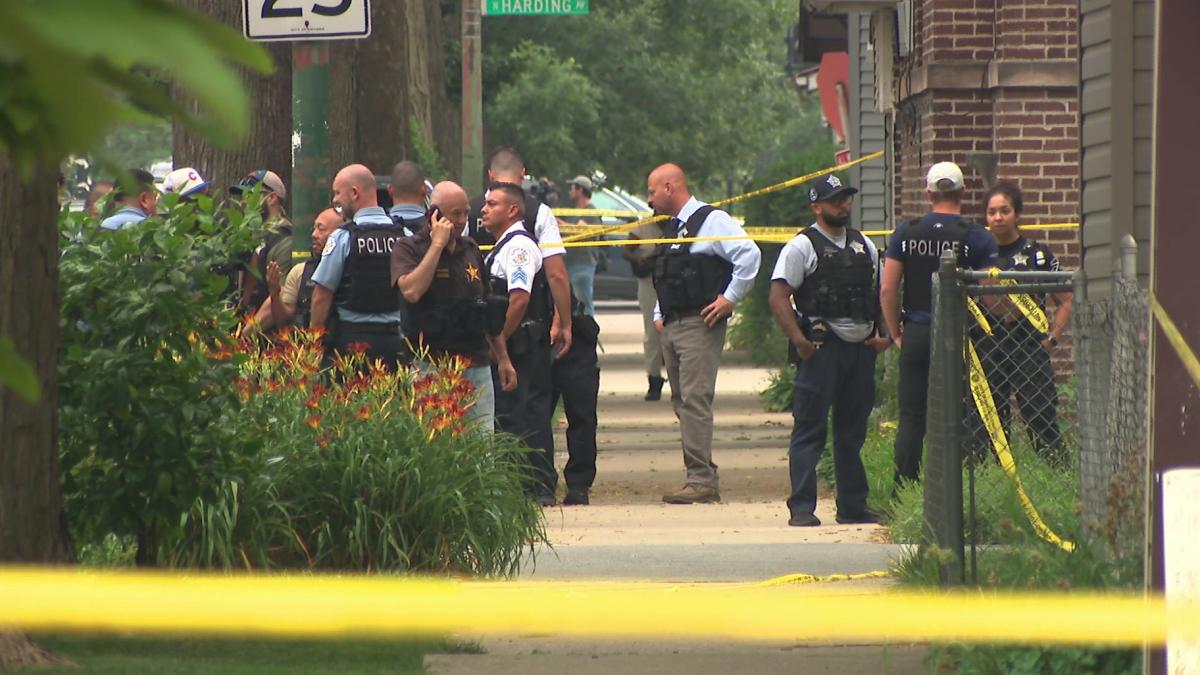 Chicago police officers are on the scene of a shooting in Albany Park on July 20, 2026. (WTTW News)