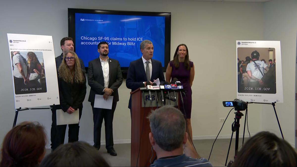 Attorney Antonio Romanucci stands with Illinois residents who say they were victimized by federal agents during "Operation Midway Blitz" at a Sept. 17, 2026 press conference. (WTTW News)