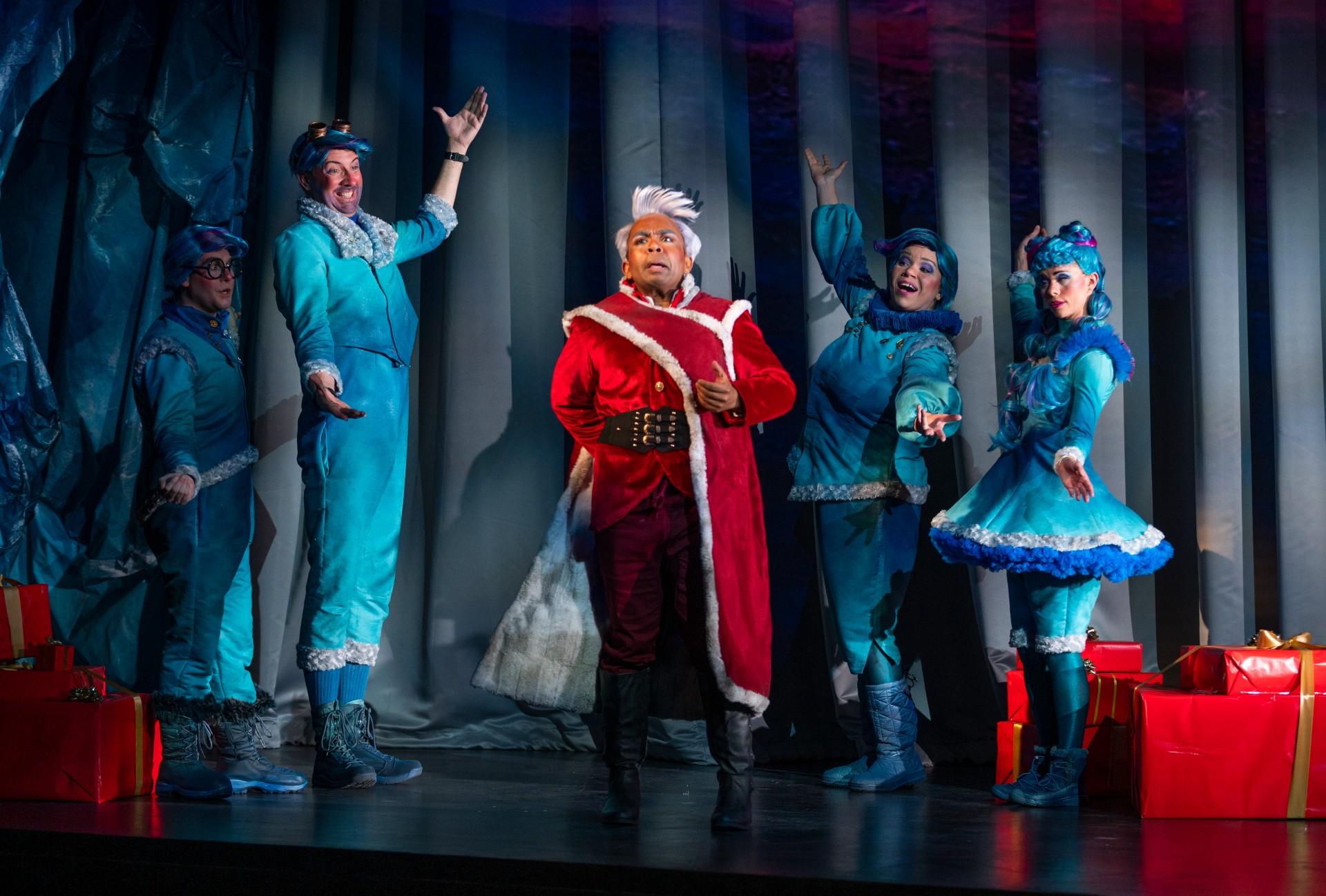 Justin Berkowitz (left to right), Matt Boehler, Martin Bakari, Leah Dexter and Amy Owens perform in “Becoming Santa Claus.” (Photo by Michael Brosilow)