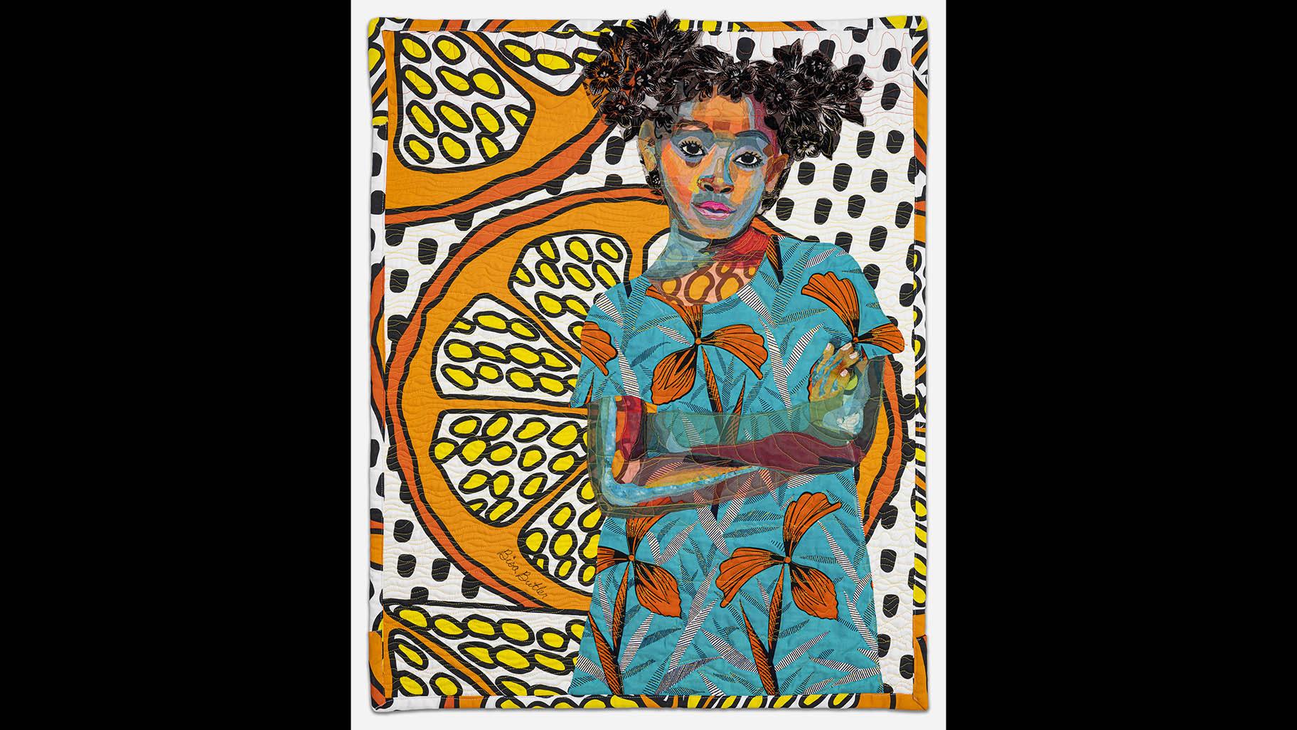 Bisa Butler. “Anaya with Oranges,” 2017. Dimmitt Davies Collection. © Bisa Butler. (Photo by Margaret Fox)