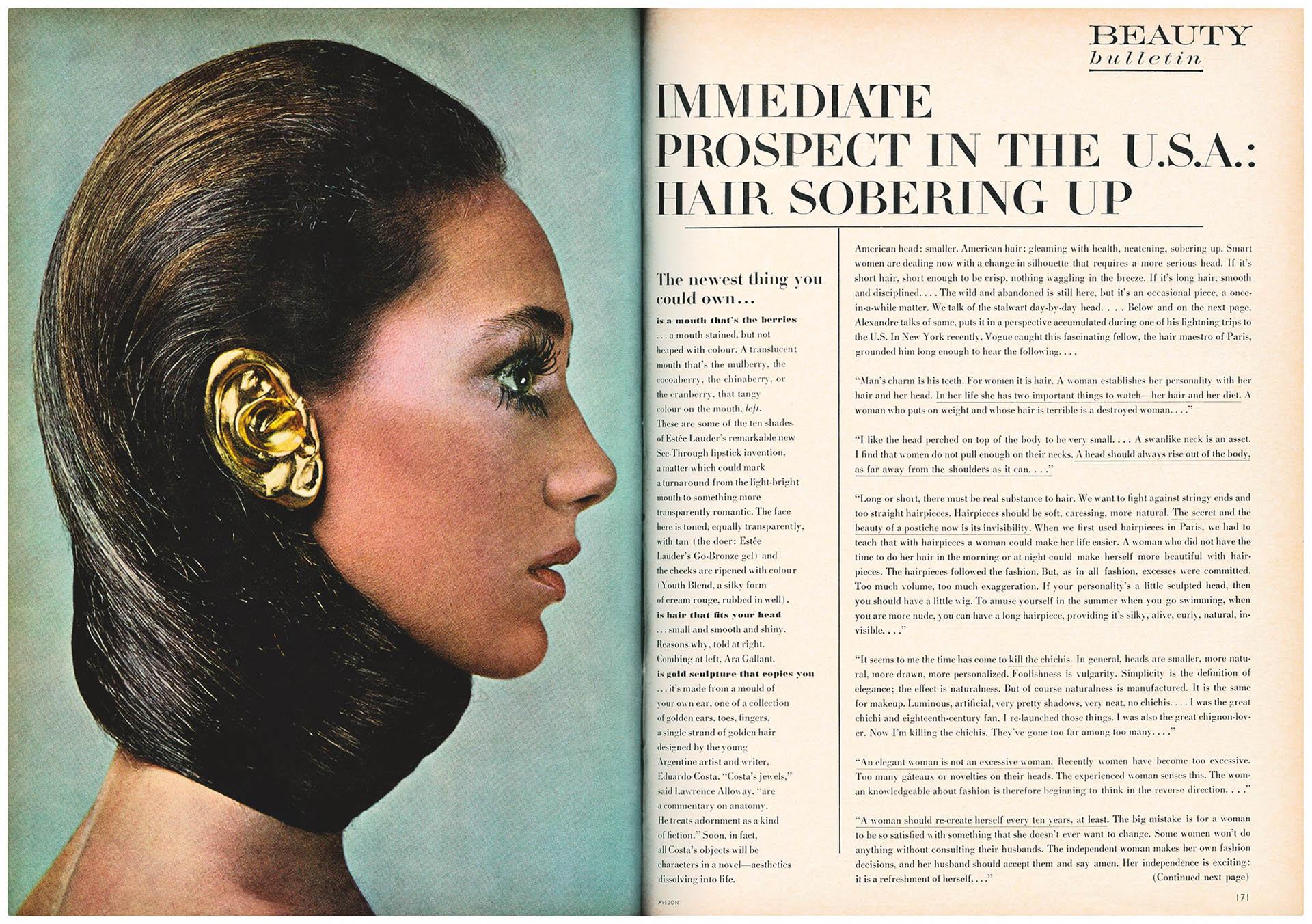 Eduardo Costa, Fashion Fiction I, 1966–1970. 24-karat gold wearable sculpture and photograph (first published in Vogue, February 1, 1968; photo by Richard Avedon and modeled by Maria Berenson), 2.55 x 1.57 x 0.59 inches (6.5 x 4 x 1.5 cm), ear; 12 x 5 inches (30.5 x 24 cm), magazine. Courtesy of the artist (ear) and private collection (magazine). Sculpture © Eduardo Costa
