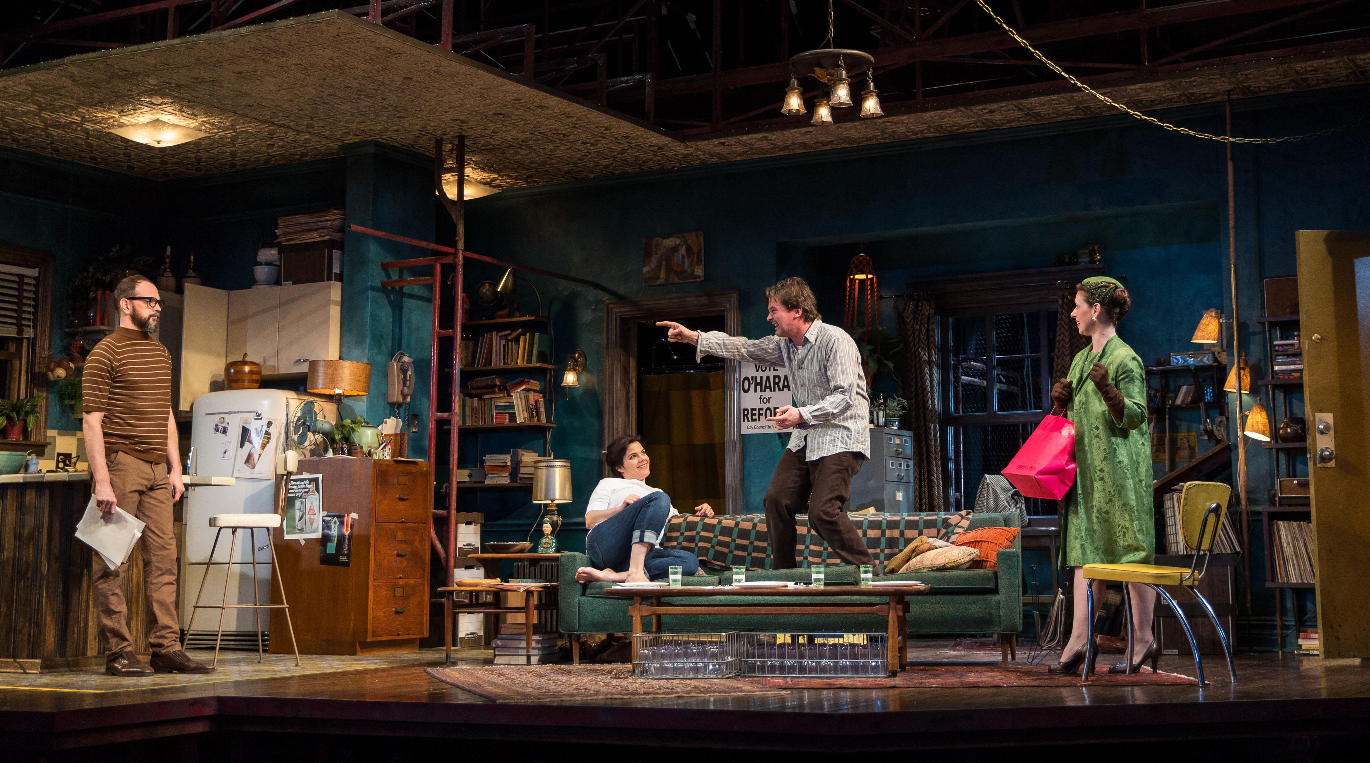 Grant James Varjas (David), Diane Davis (Iris), Chris Stack (Sidney Brustein) and Miriam Silverman (Mavis) in “The Sign in Sidney Brustein’s Window” by Lorraine Hansberry. (Courtesy of Goodman Theatre)