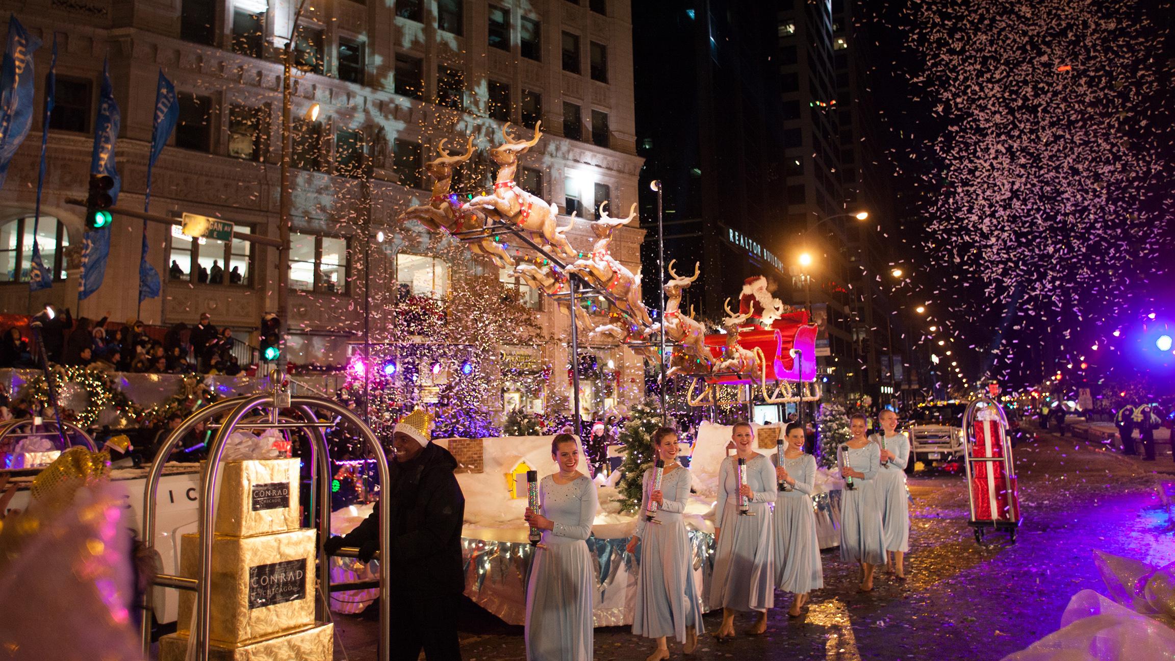 Be there or be square: Mickey, Minnie and Santa light up the night. (Courtesy of The Magnificent Mile Association)