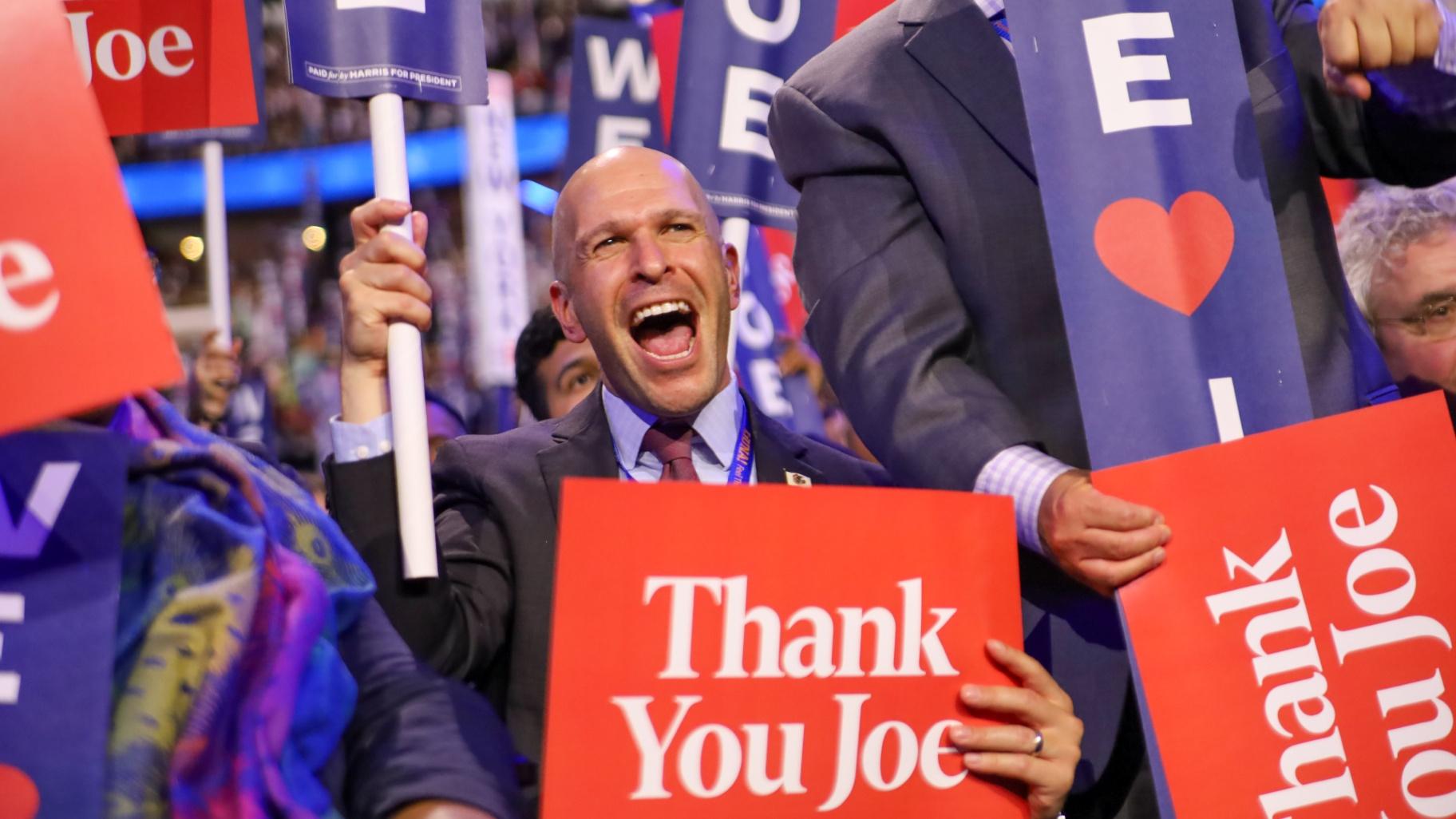 State Rep. Bob Morgan (D-Deerfield) shouts during a speech by President Joe Biden at the 2024 Democratic National Convention. (Andrew Adams / Capitol News Illinois)