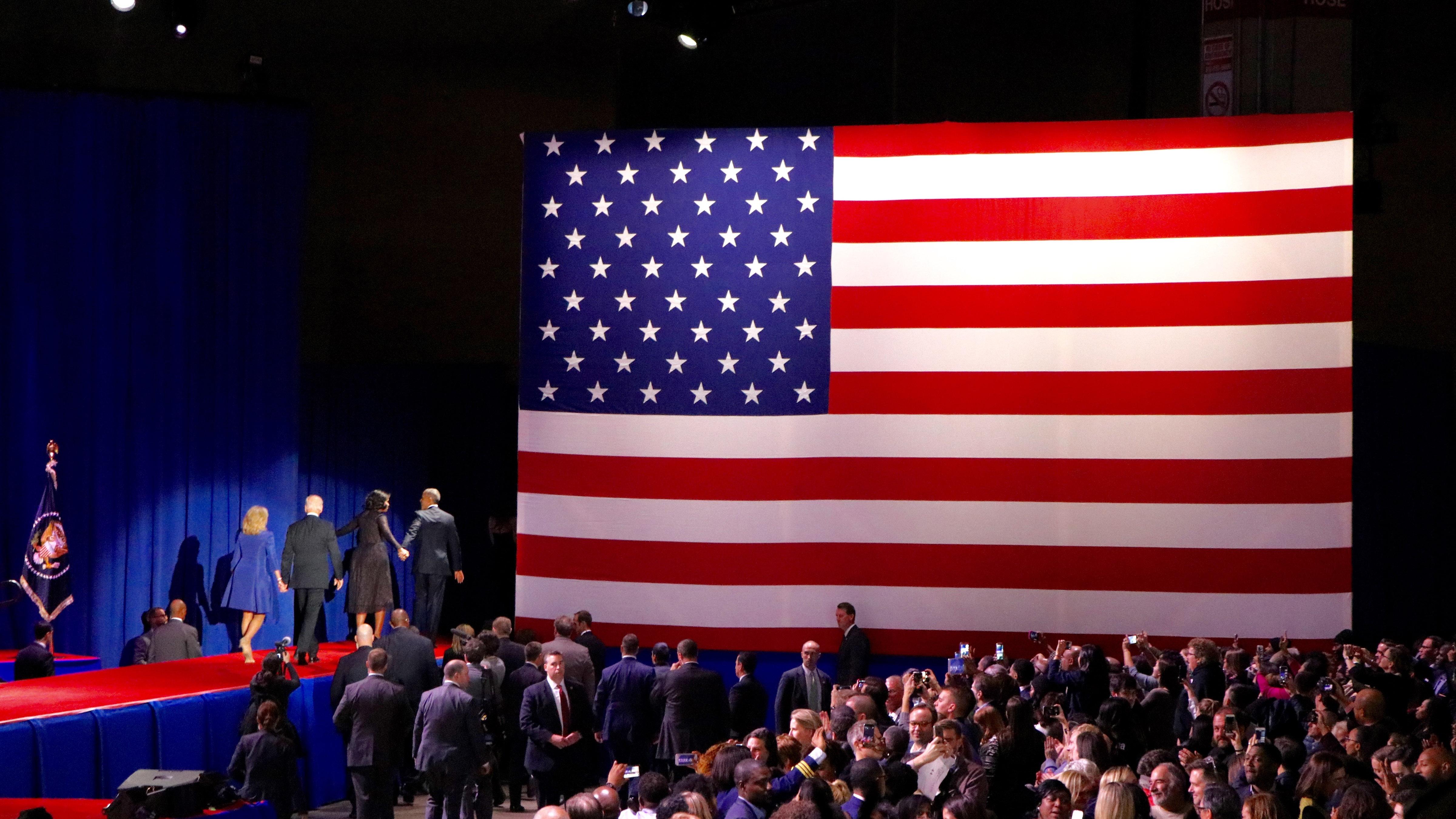 The president, first lady, vice president and second lady leave the stage. (Evan Garcia / Chicago Tonight)