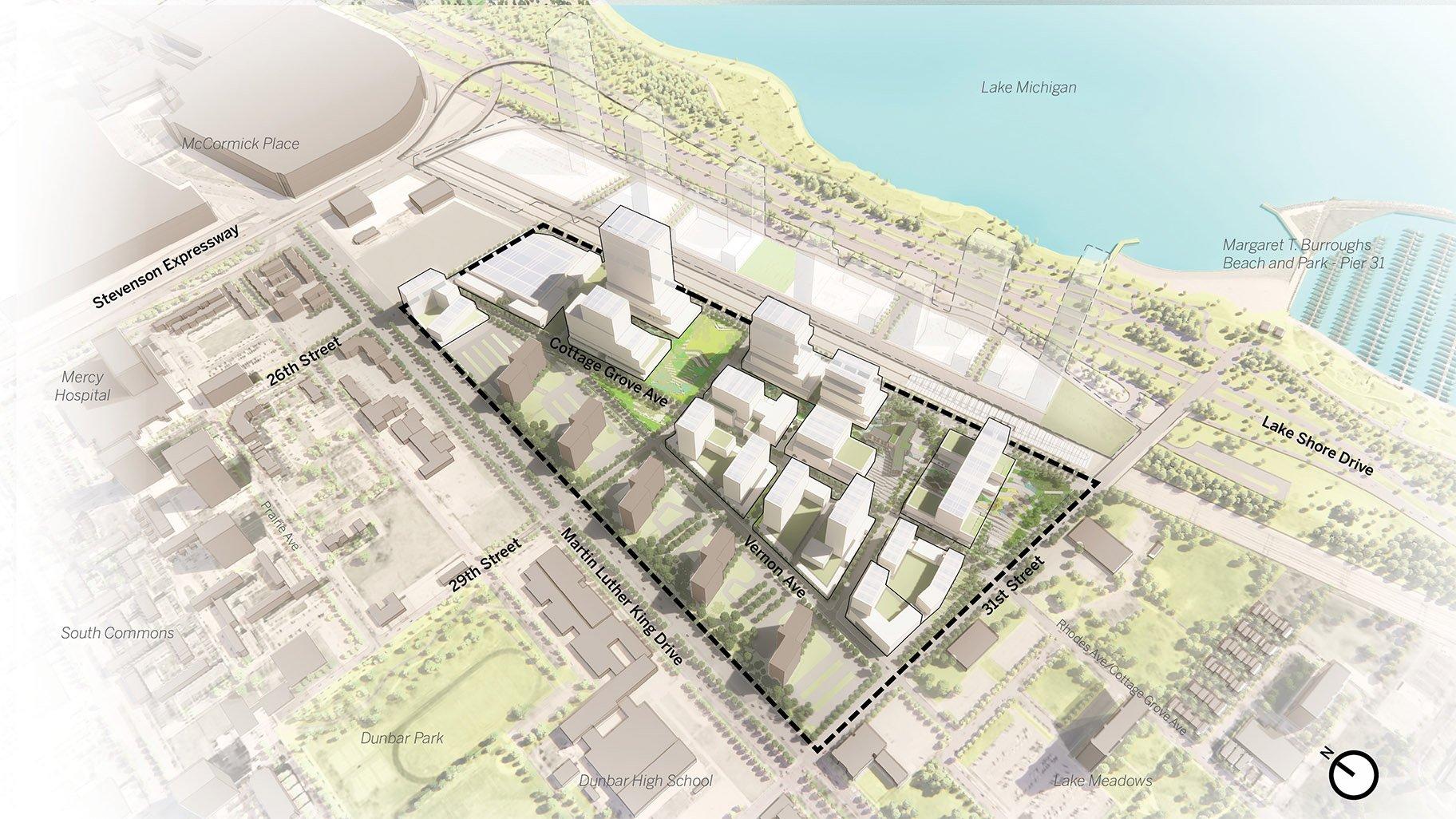 Earlier this year, the Chicago Plan Commission approved a $3.8 billion effort to overhaul the former Michael Reese Hospital site in Bronzeville on the city’s South Side. (Rendering courtesy of Skidmore, Owings & Merrill)