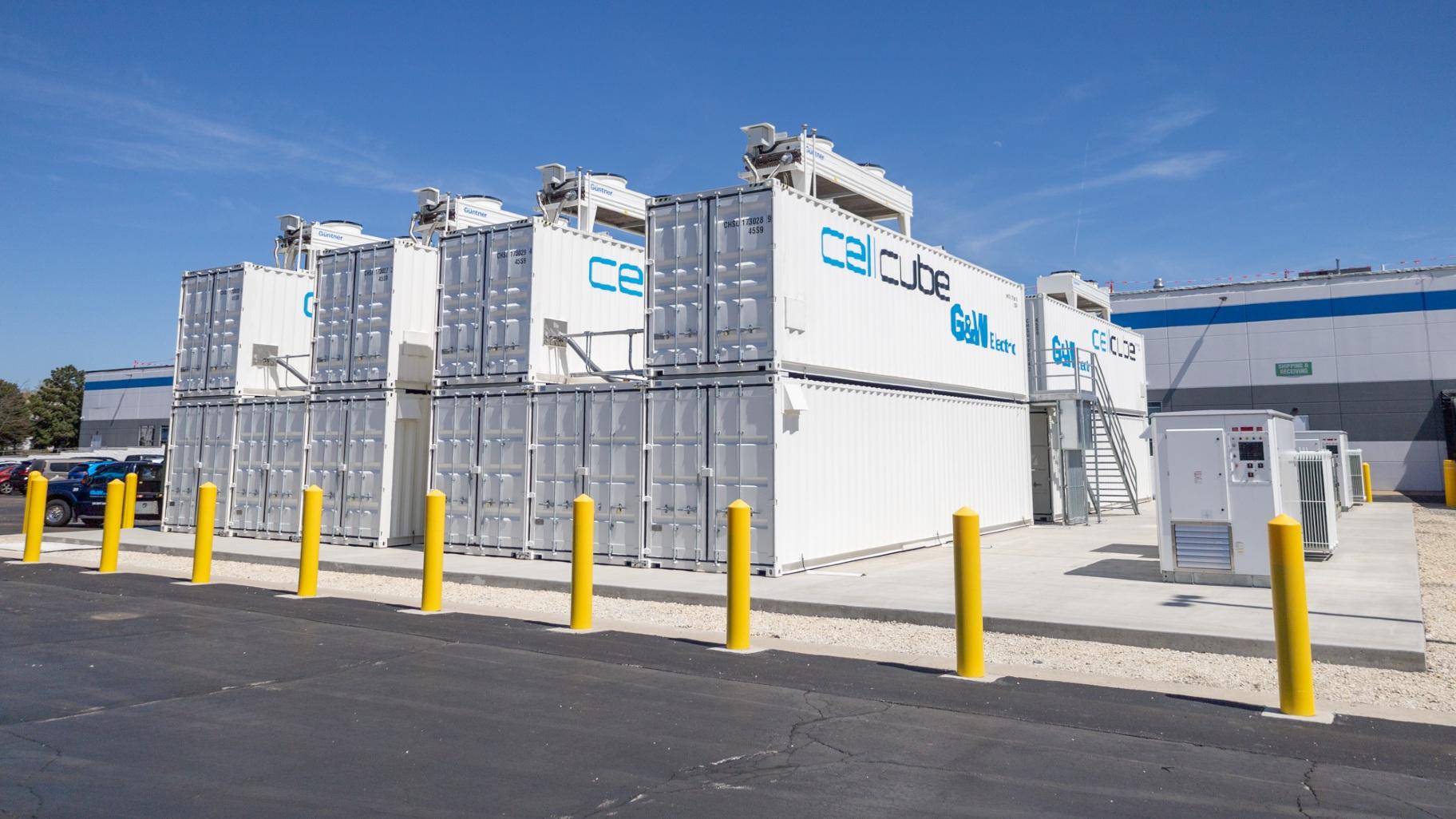 The 2-megawatt vanadium redox battery, one of the largest in the country, is pictured at G&W Electric. (Andrew Adams / Capitol News Illinois)