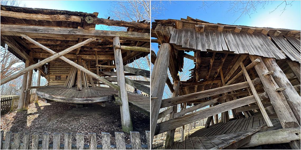 The Carding Mill at Lincoln’s New Salem Historic Site in Petersburg, a replica of the original machine at the site that spun wool into fabric and the only animal-powered one of its kind in the United States, is at risk of being irreparably damaged. Last month, a big section of the mill’s roof “totally collapsed” onto the wheel that would have been rotated by oxen. (Athan Yanos / Medill Illinois News Bureau)
