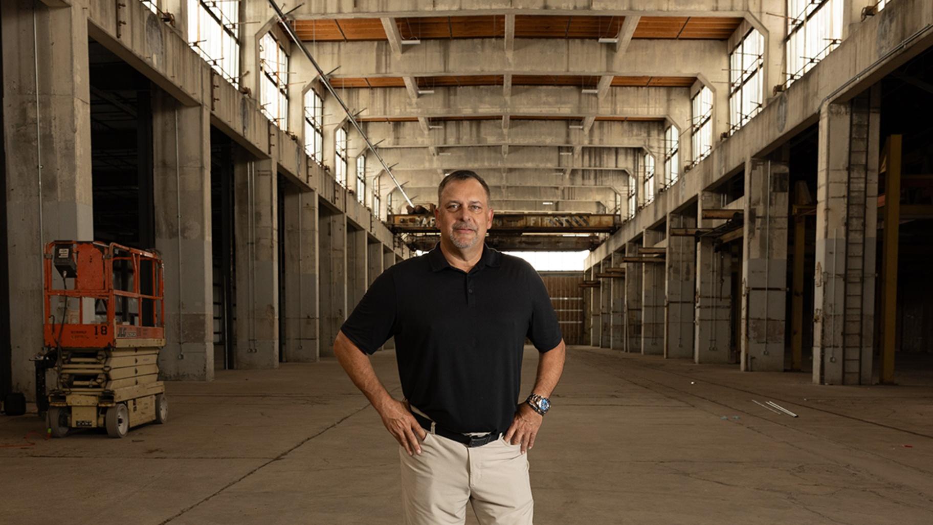 Developer Christopher Breakwell, shown at his Granite City offices for the future film studio in Wood River, says the state’s expanded tax credits were a key motivator for why he decided to invest in Illinois. (Josh Carter / Capitol News Illinois)