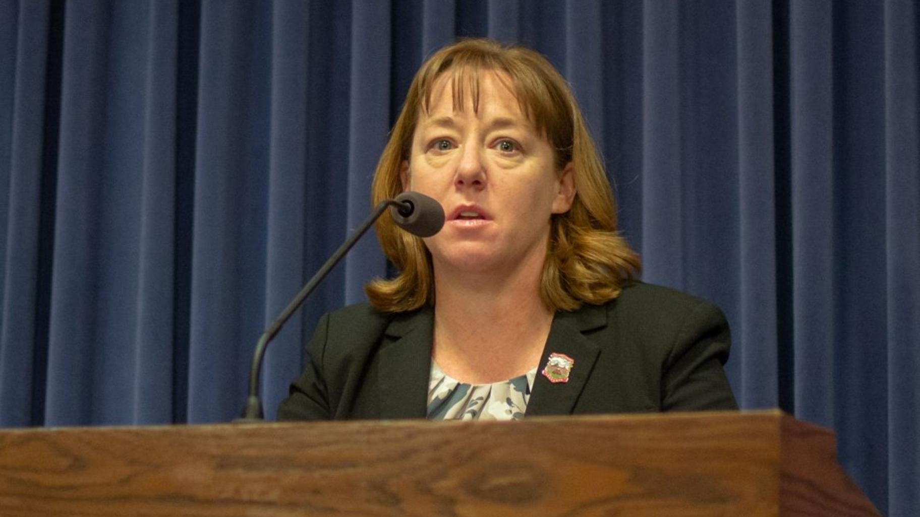 State Rep. Amy Elik, R-Godfrey, speaks at a news conference at the Illinois Capitol in May 2021. (Jerry Nowicki / Capitol News Illinois)