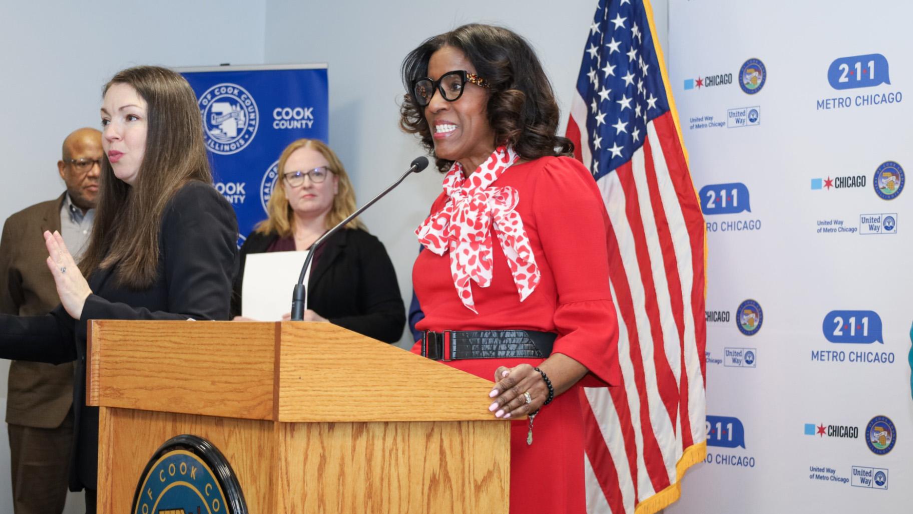 Cook County Commissioner Donna Miller (6th District) speaks at a news conference celebrating the second anniversary of the 211 helpline on Feb. 11, 2025. (Courtesy of United Way of Metro Chicago)