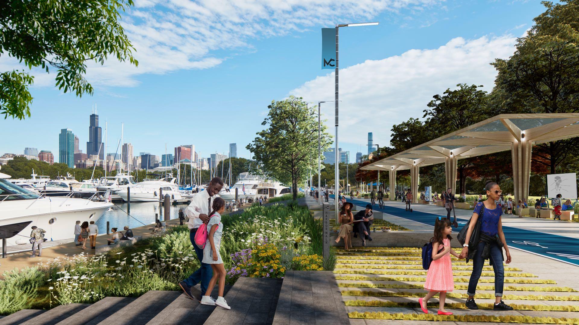 A rendering of a proposed walkway at Burnham Harbor demonstrates permeable pavement options. (City of Chicago)