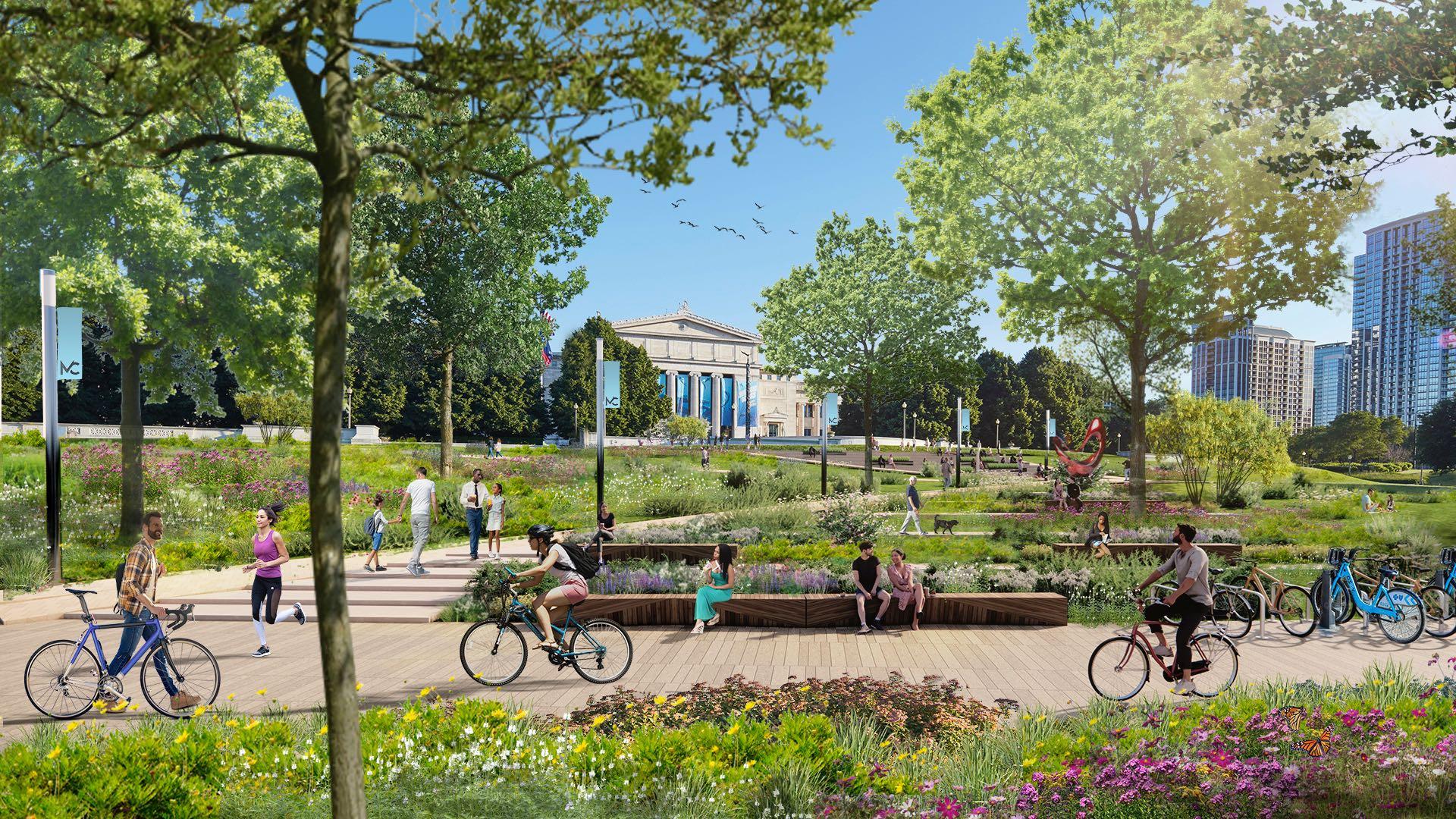 Native plantings would unify the Museum Campus, as seen in this vision of a proposed northern gateway. (City of Chicago)