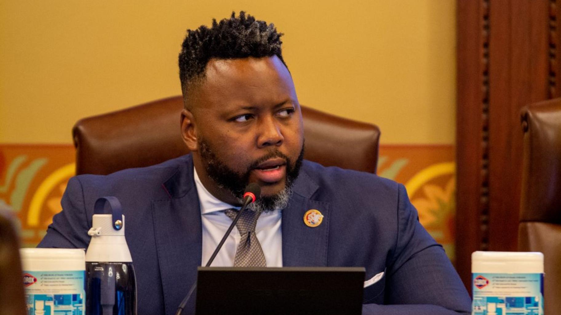 State Rep. Kam Buckner, D-Chicago, speaks in a House committee hearing at the Illinois Capitol in May 2023. (Jerry Nowicki / Capitol News Illinois) 