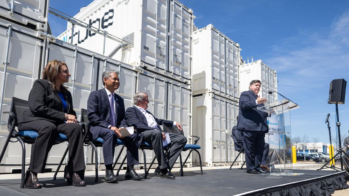 Gov. JB Pritzker speaks at an industrial-scale battery storage facility at G&amp;W Electric in Bolingbrook, which was installed in 2024. (Andrew Adams / Capitol News Illinois) 