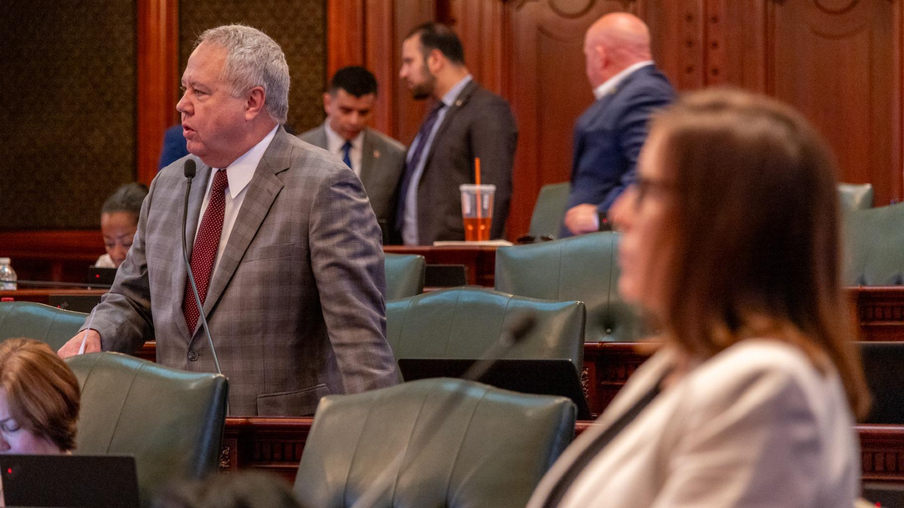 State Rep. Jay Hoffman, D-Swansea, argues in favor of a bill sponsored by state Rep. Ann Williams, D-Chicago, after introducing a competing bill earlier this year. (Andrew Adams / Capitol News Illinois)