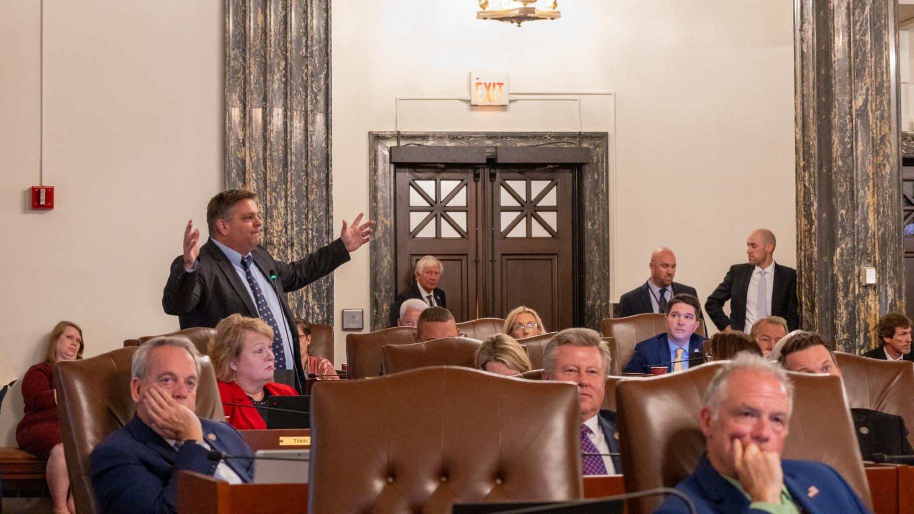 State Sen. Chapin Rose, R-Mahomet, delivers a heated speech against a bill that would regulate carbon capture technology, which he thinks poses a risk to the drinking water in his district. (Andrew Adams / Capitol News Illinois)