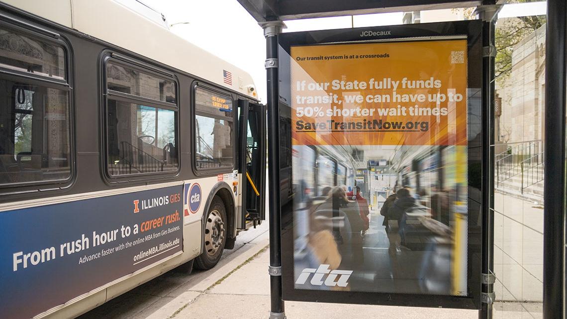 The Regional Transportation Authority began an ad campaign in April describing the need for state action to resolve financial issues at the transit agency. One of the campaign’s billboards is pictured at a bus stop on Chicago’s Lake Shore Drive. (Andrew Adams / Capitol News Illinois) 