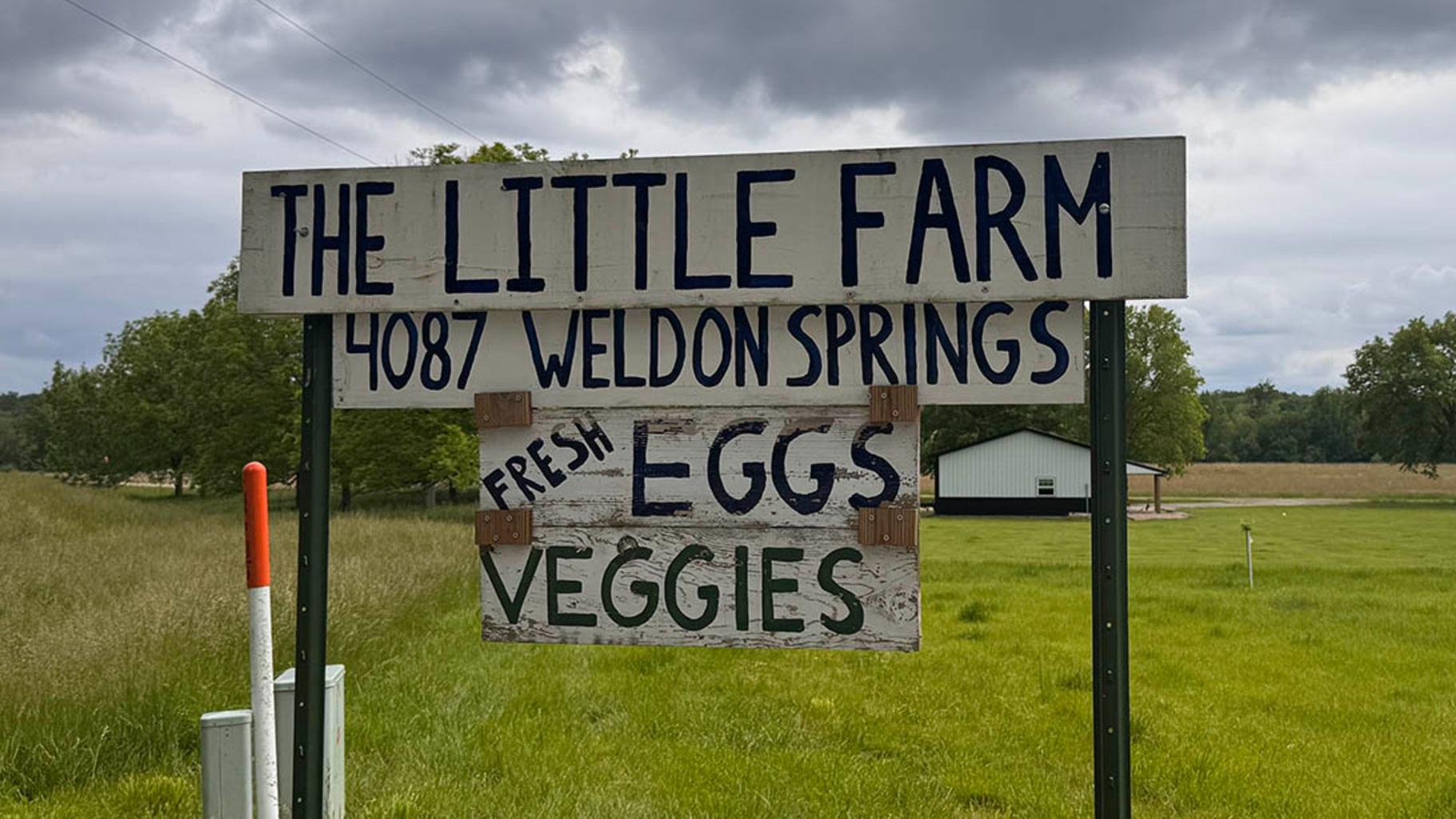 A sign welcomes visitors to The Little Farm, a local poultry and produce farm located on Weldon Springs Road in Clinton. (Grace Friedman / Medill Illinois News Bureau)