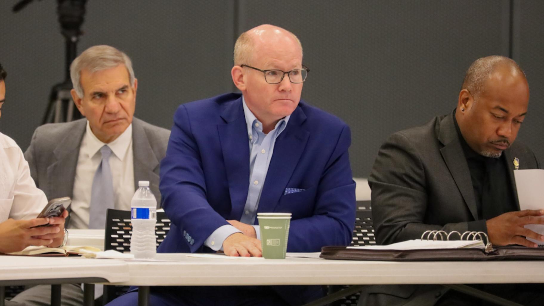 Senate President Don Harmon watches during presentations from comptroller candidates at a Friday, July 18, 2025, meeting to decide who the Cook County Democratic Party will support. (Andrew Adams / Capitol News Illinois)
