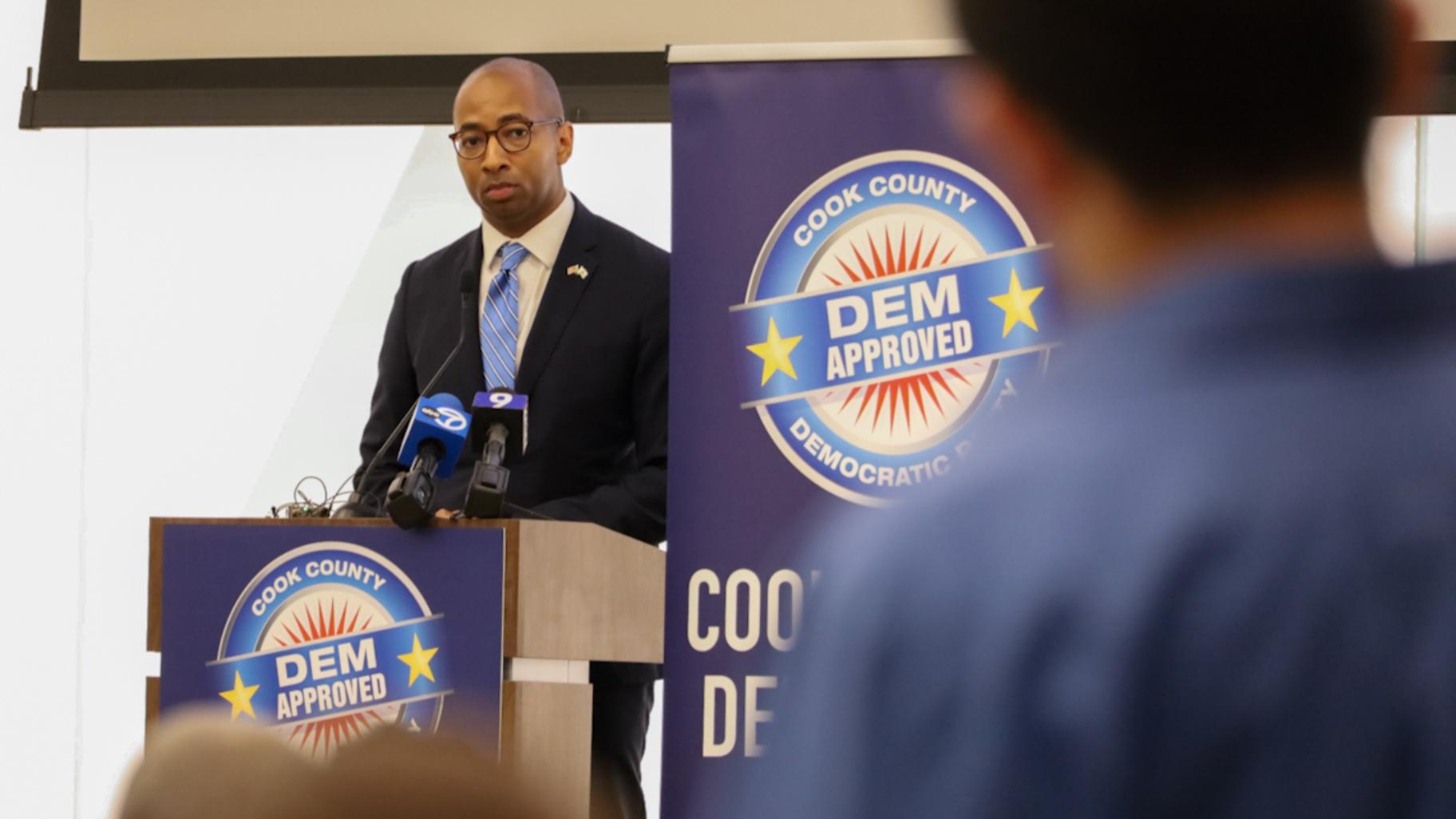 Christian Mitchell, who is Gov. JB Pritzker’s running mate, took pointed questions from Cook County Democrats on Friday, July 18, 2025, during a meeting about slating candidates for the 2026 primary. (Andrew Adams / Capitol News Illinois)