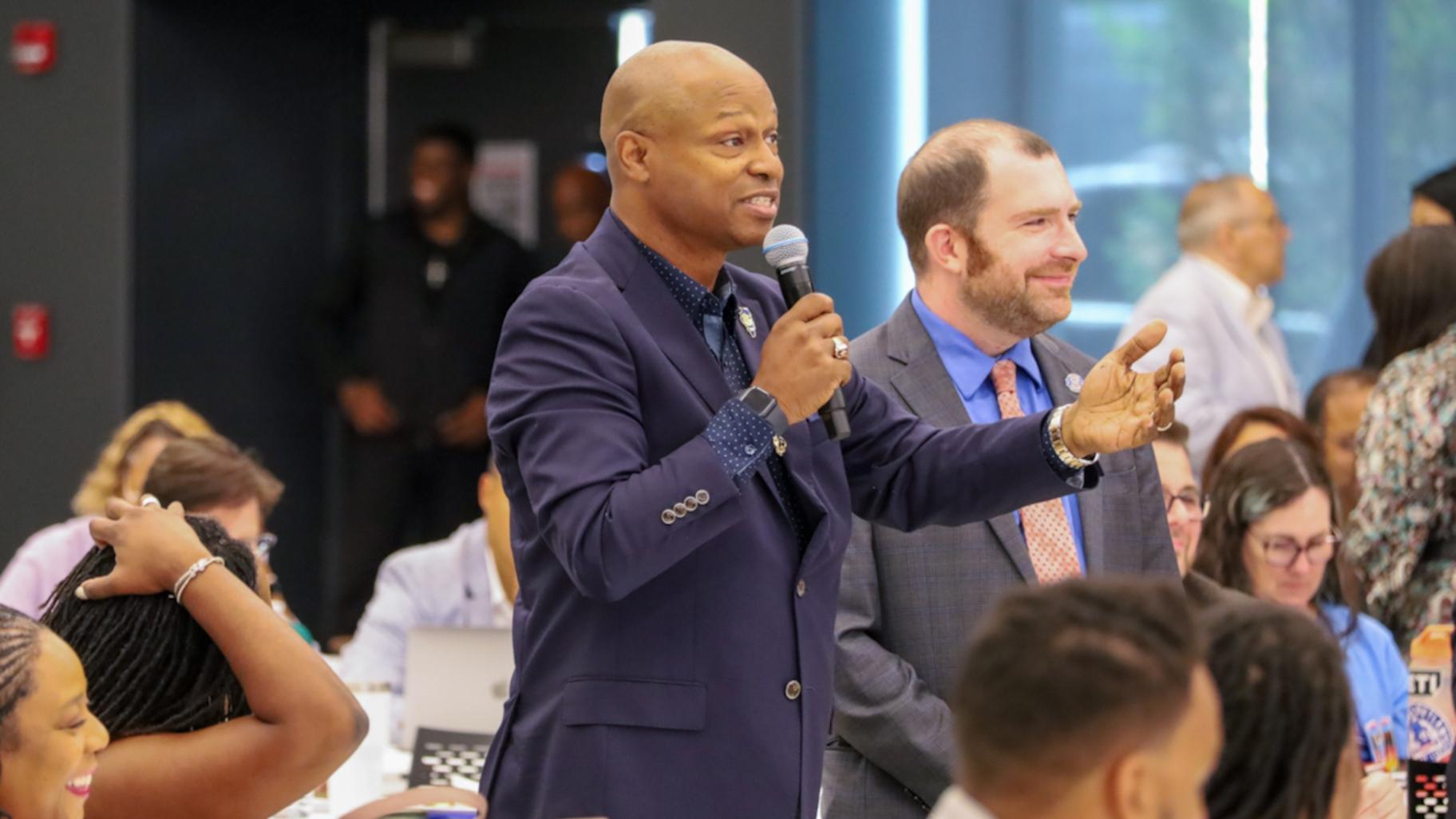 House Speaker Emanuel “Chris” Welch speaks in favor of slating state Rep. Margaret Croke as the Cook County Democratic Party’s choice for comptroller in the 2026 primary at a meeting Friday, July 18, 2025, in Chicago. (Andrew Adams / Capitol News Illinois)