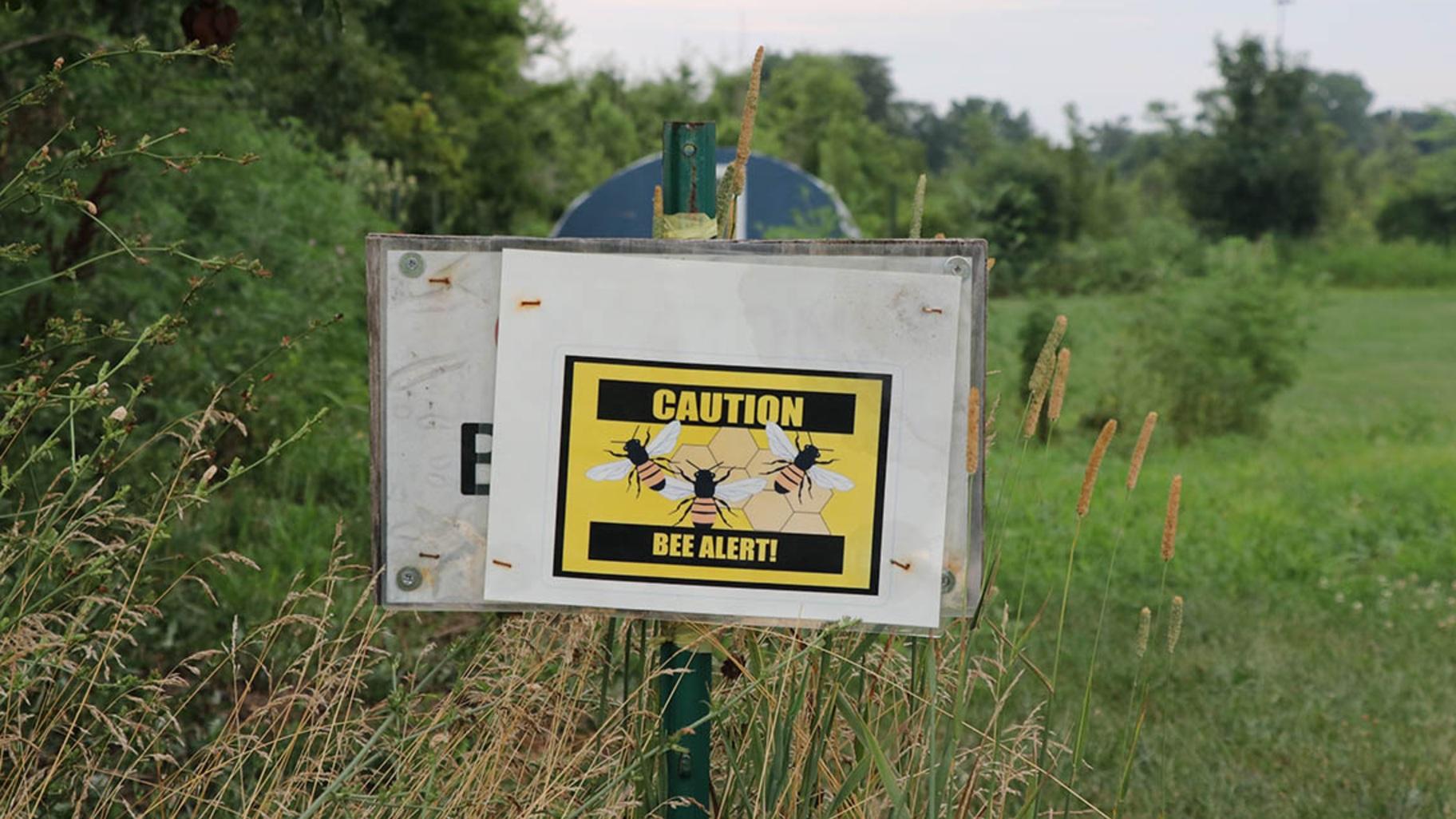 A lighthearted warning sign at the edge of a small gardening plot at Chicago Gaelic Park in Oak Forest. (Tom O’Connor / Medill Illinois News Bureau)