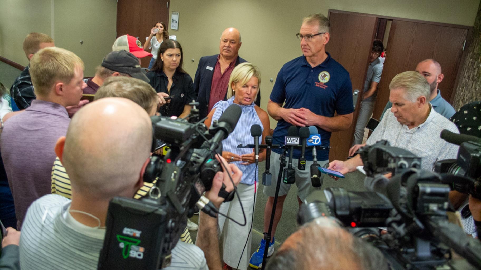 Illinois General Assembly minority leaders Tony McCombie and John Curran take questions from reporters in Springfield on Aug. 14, 2025. (Jerry Nowicki / Capitol News Illinois)