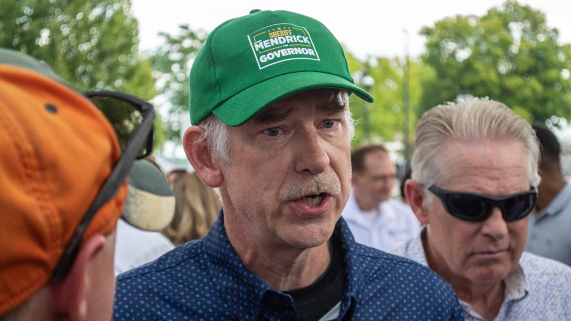 DuPage County Sheriff James Mendrick talks to reporters at the Illinois State Fair. He is running for governor in 2026. (Jerry Nowicki / Capitol News Illinois)