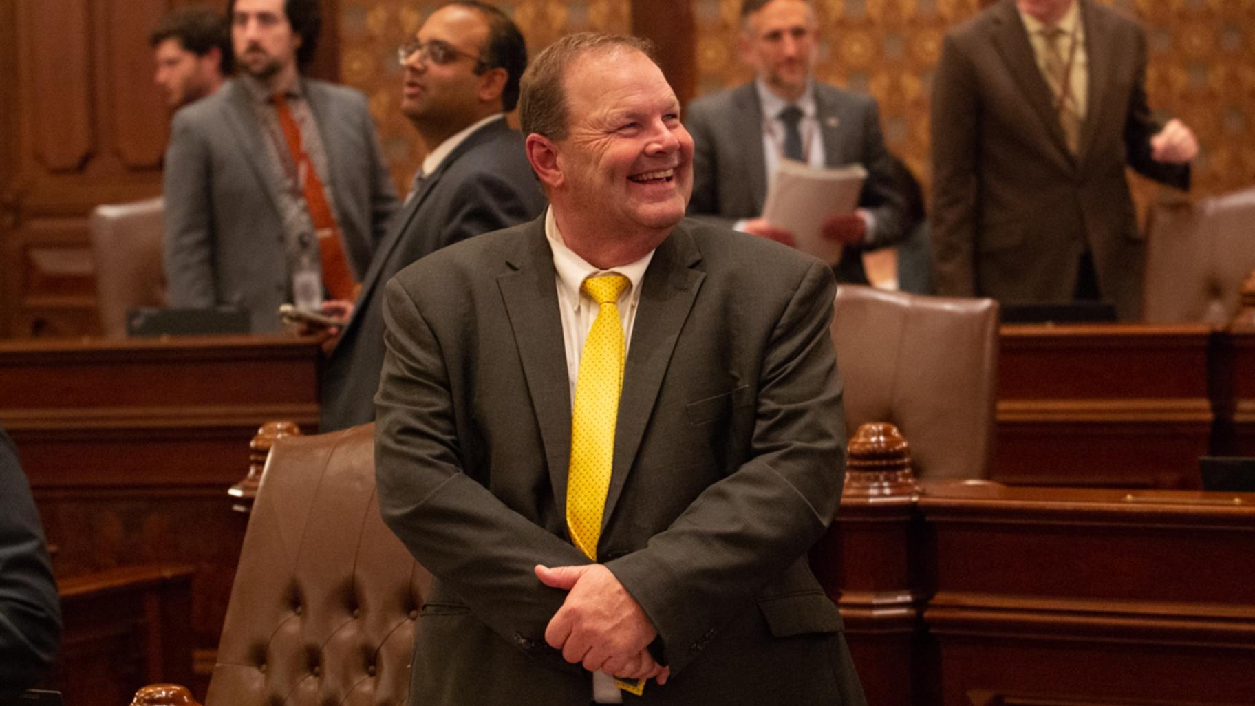 State Sen. Patrick Joyce watches a roll call on the Senate video board on Thursday, Oct. 30, 2025. (Jerry Nowicki / Capitol News Illinois)