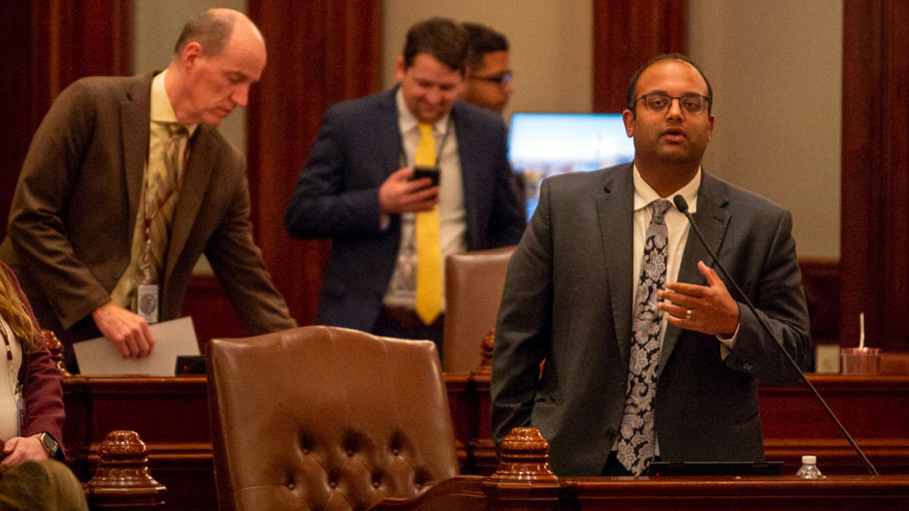 State Sen. Ram Villivalam, D-Chicago, speaks on the Senate floor on Oct. 30, 2025. (Jerry Nowicki / Capitol News Illinois)