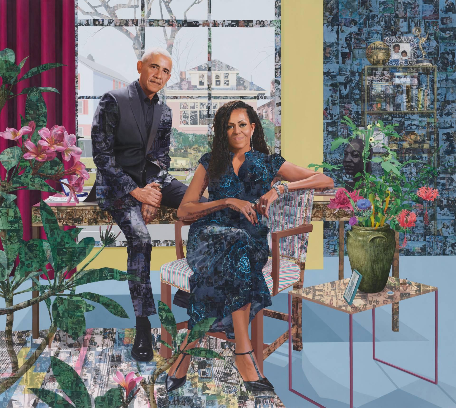Njideka Akunyilil Crosby; The Obamas: Springing Forth; 2026; Acrylic, colored pencils, charcoal, and transfers on paper. Courtesy of the artist, Victoria Miro, and David Zwirner. Commissioned by The Obama Presidential Center. Photo by: Marten Elder