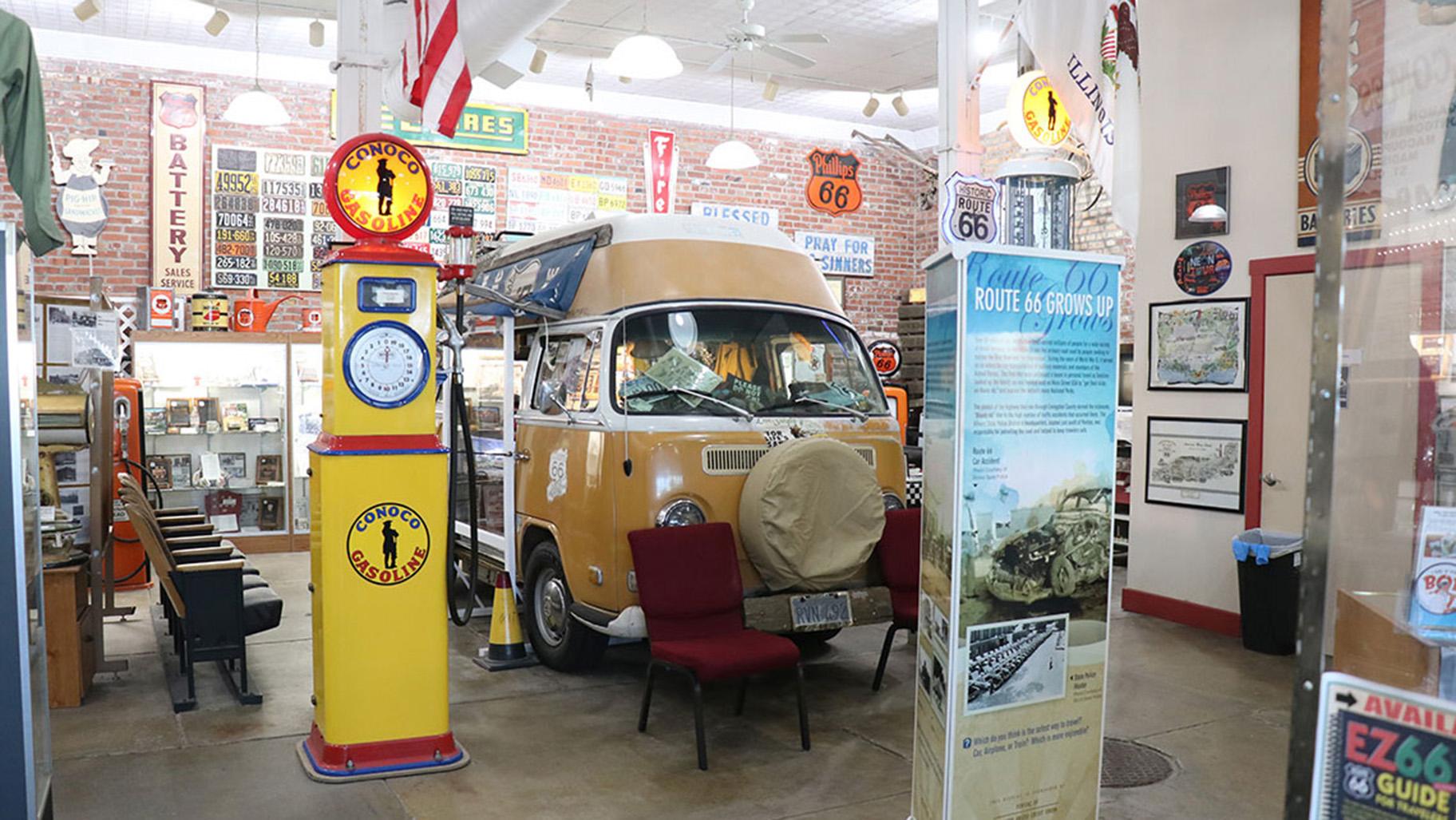 The Route 66 Hall of Fame and Museum was filled with artifacts, with license plates and signs lining the walls throughout the space. (Chloe Park / Medill Illinois News Bureau)