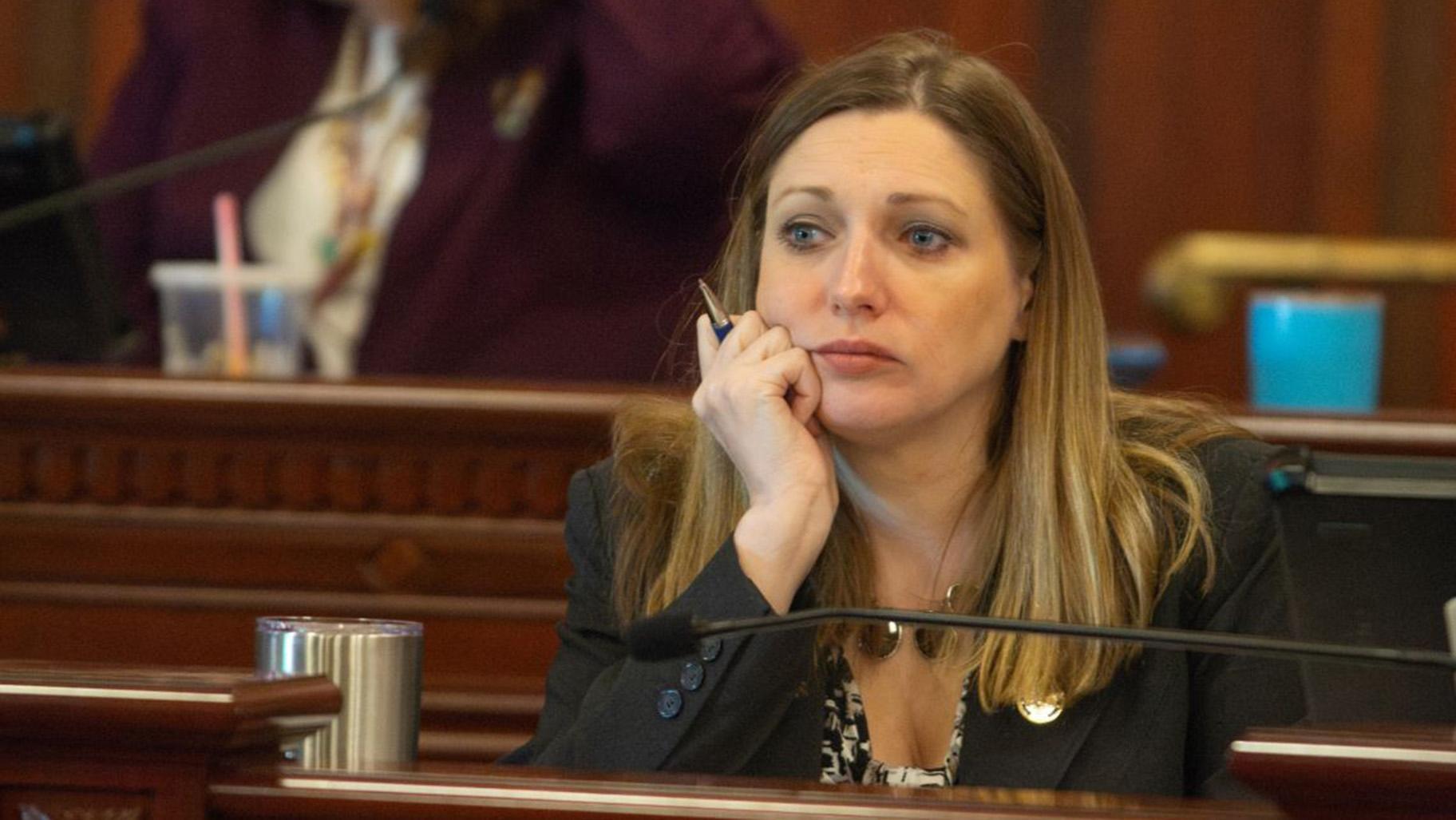 Sen. Rachel Ventura, D-Joliet, listens to a budget update in a Senate committee on Wednesday, May 13, 2026. (Jerry Nowicki / Capitol News Illinois)