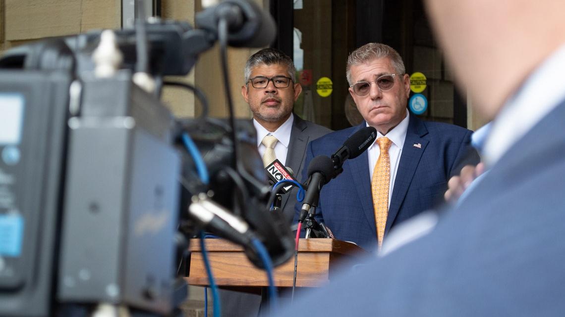 Republican nominee for governor, Darren Bailey, takes questions from reporters at a news conference outside the Illinois Capitol on Thursday, Aug. 6, 2026. (Jerry Nowicki / Capitol News Illinois)