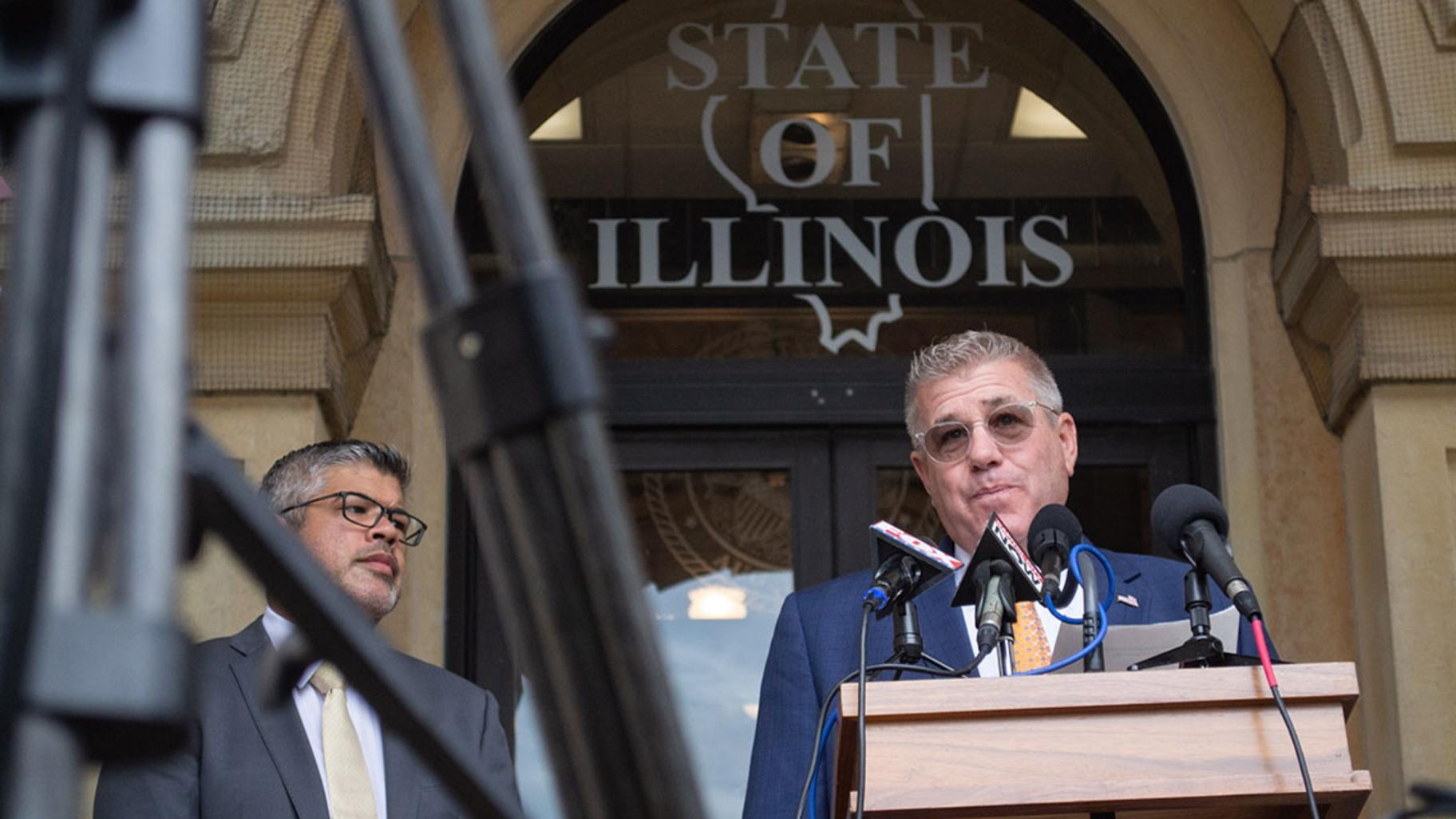 Republican candidate for governor Darren Bailey speaks at a news conference on the steps of the Capitol in August 2026. (Jerry Nowicki / Capitol News Illinois)