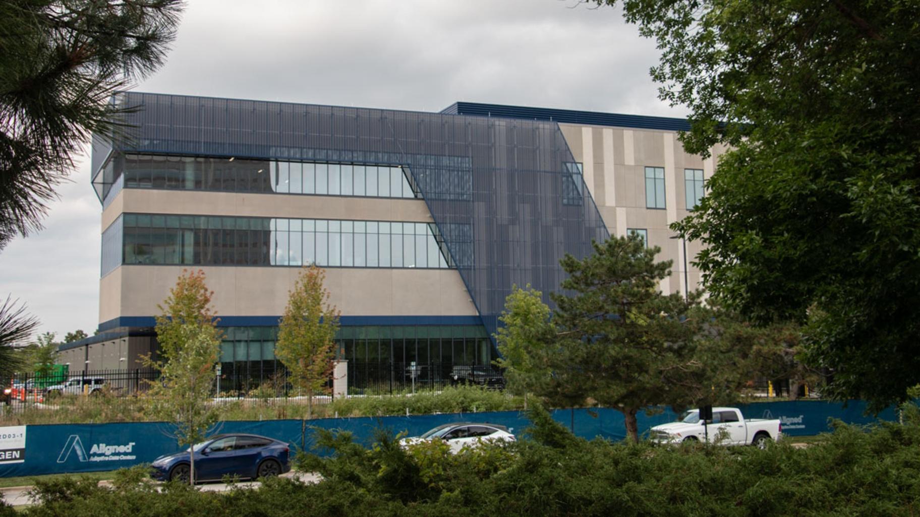 The Aligned ORD-03 data center is under construction at 50 NW Point Blvd. in Elk Grove Village, nicknamed the “data center capital of the Midwest” for its high per-capita concentration of data centers. (Maggie Dougherty / Capitol News Illinois)