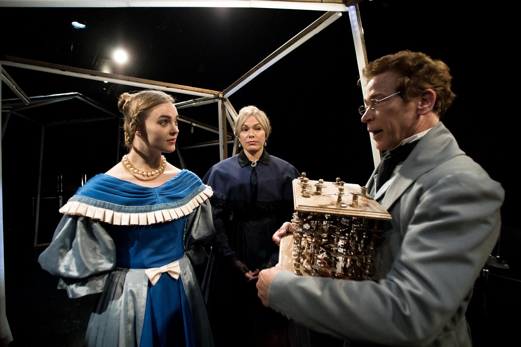 From left: Brookelyn Hebert, Carolyn Kruse and John Mossman in “Ada and the Engine” at The Artistic Home Theatre. (Photo by Joe Mazza, Brave Lux Photography)